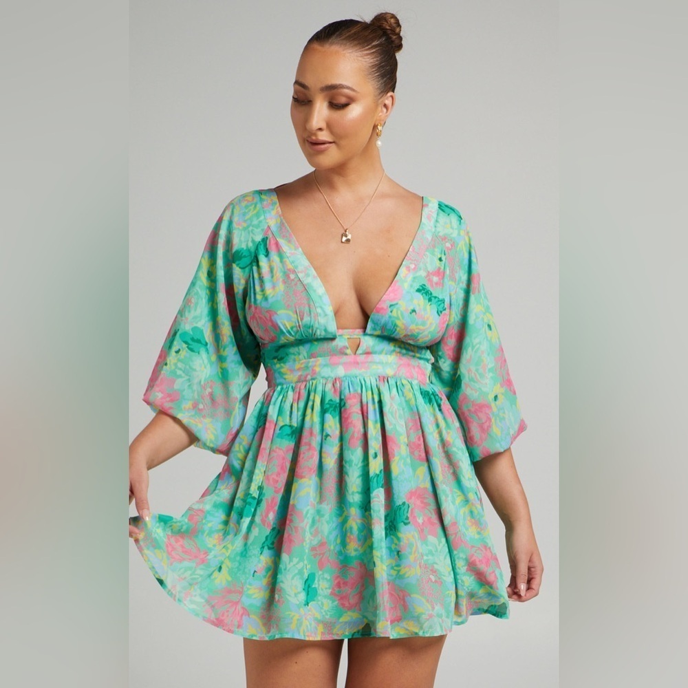 Showpo Valeraine Balloon Sleeve Open Back Mini Dress in Neon Floral Size US 8